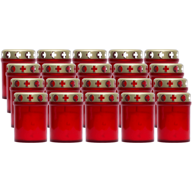 Set 20 candele rosii 20 ore cu capac metalic pentru cimitir 80 g K1-100 Zniczplast